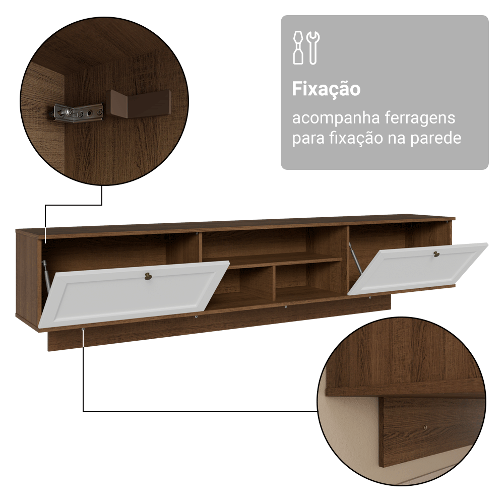 Rack Suspenso para TV até 80 Polegadas 218 cm 2 Portas Rustic/Branco Vik Madesa