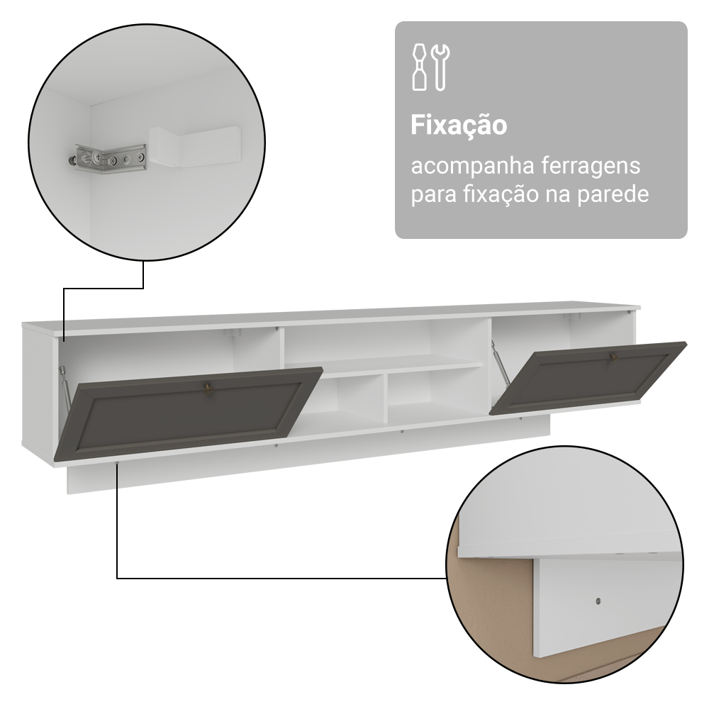 Rack Suspenso para TV até 80 Polegadas 218 cm 2 Portas Branco/Cinza Vik Madesa
