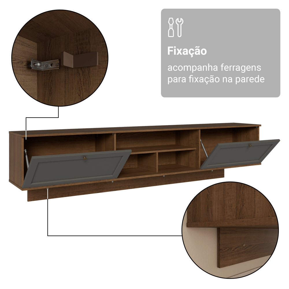 Rack Suspenso para TV até 80 Polegadas 218 cm 2 Portas Rustic/Cinza Vik Madesa