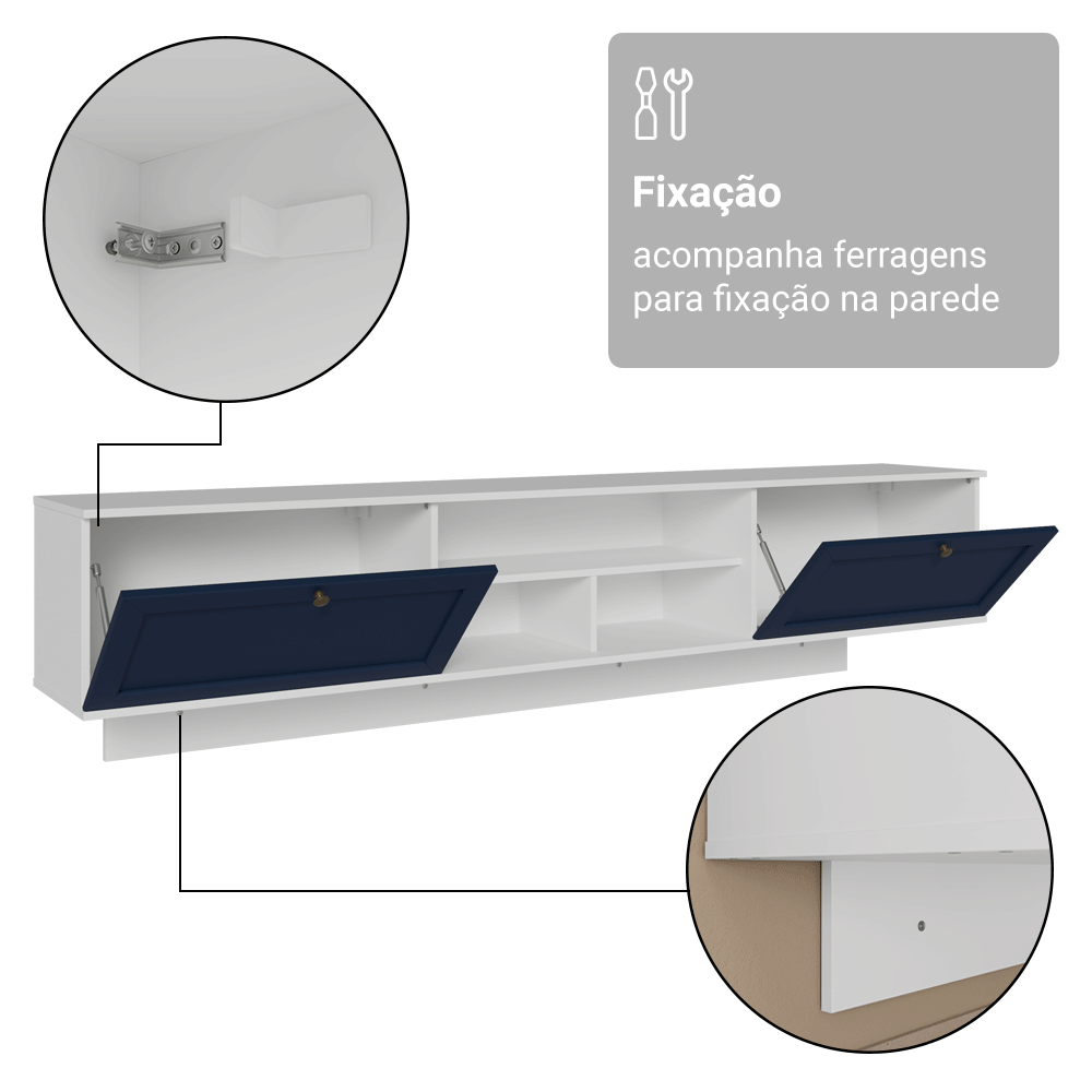Rack Suspenso para TV até 80 Polegadas 218 cm 2 Portas Branco/Azul Vik Madesa
