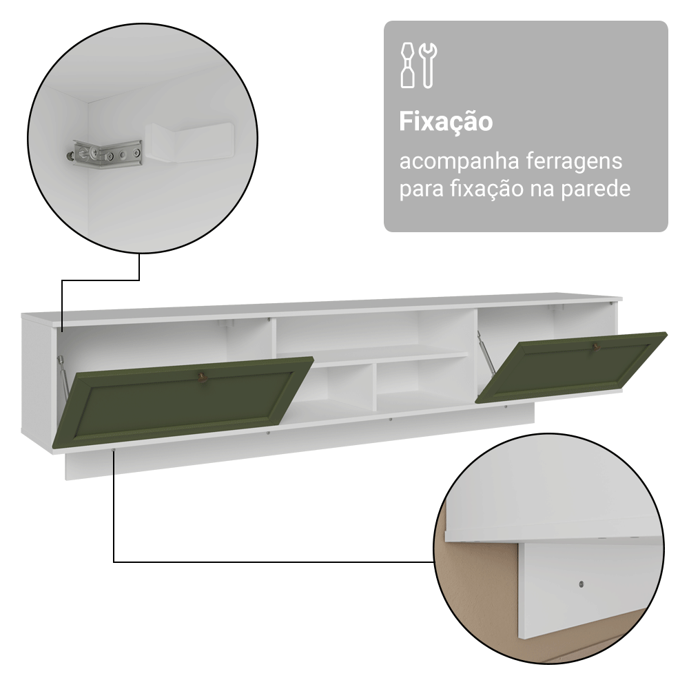 Rack Suspenso para TV até 80 Polegadas 218 cm 2 Portas Branco/Verde Vik Madesa
