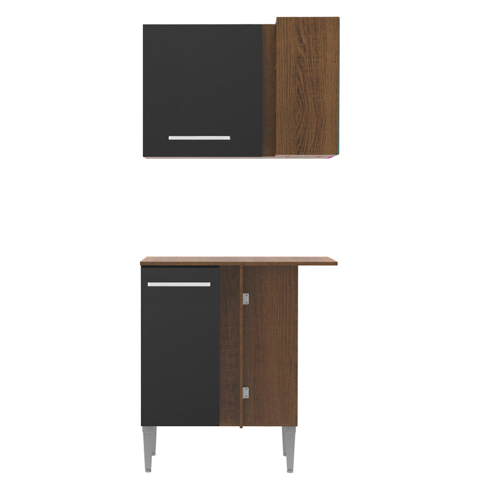 Kit de Canto Reto Madesa Emilly 2 Portas com Armário Aéreo, Adega e Balcão Rustic/Preto