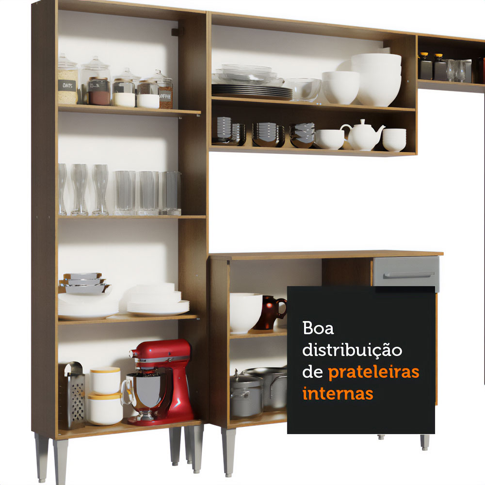 Armário de Cozinha Completa 261cm Rustic/Cinza Emilly Hit Madesa