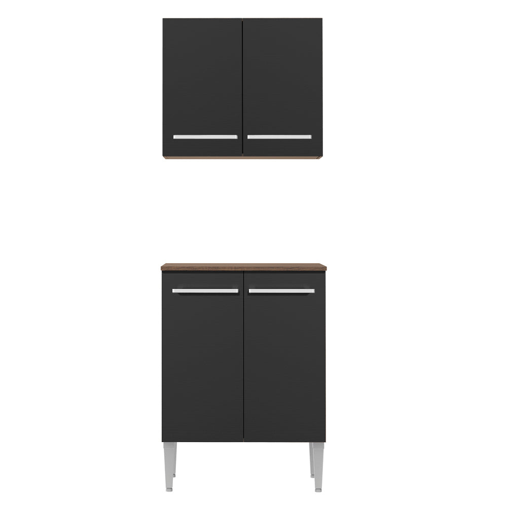 Kit com Armário Aéreo e Balcão 64cm Rustic/Preto Emilly Madesa