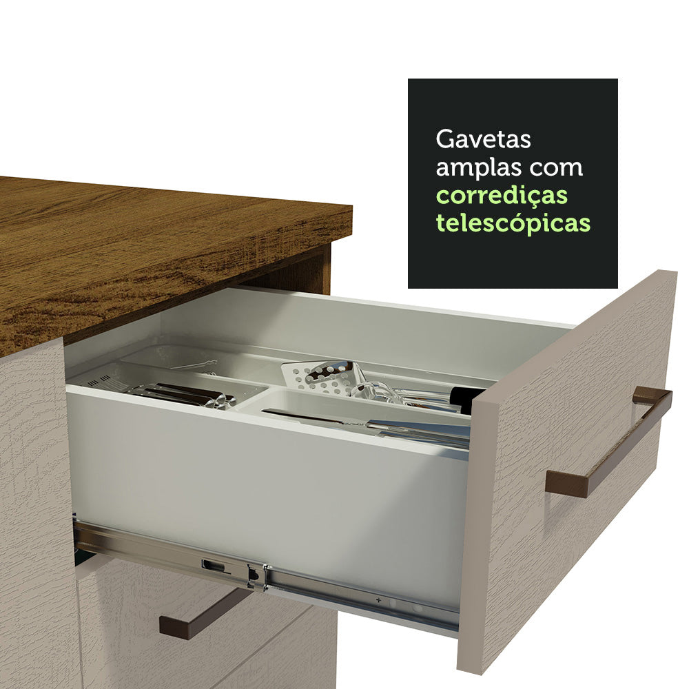Balcão Gabinete 120 x 60 cm 1 Porta 2 Gavetas Rustic/Crema (Com Tampo) Agata Madesa