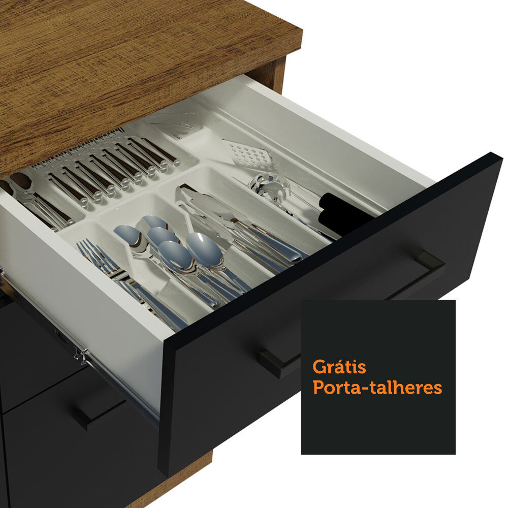 Balcão Gabinete de Pia Madesa Agata 120 x 60 cm 2 Portas e 3 Gavetas (Sem Tampo) Rustic/Preto