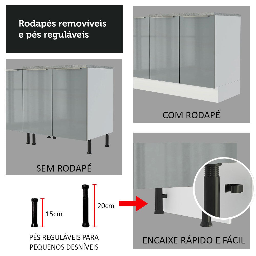 Balcão Gabinete de Pia 120 x 60 cm 2 Portas 3 Gavetas (Sem Tampo) Branco/Cinza Lux Madesa