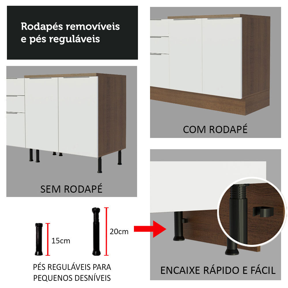 Balcão Cozinha 40 x 60 cm 3 Gavetas (Sem Tampo) Rustic/Branco Stella Madesa