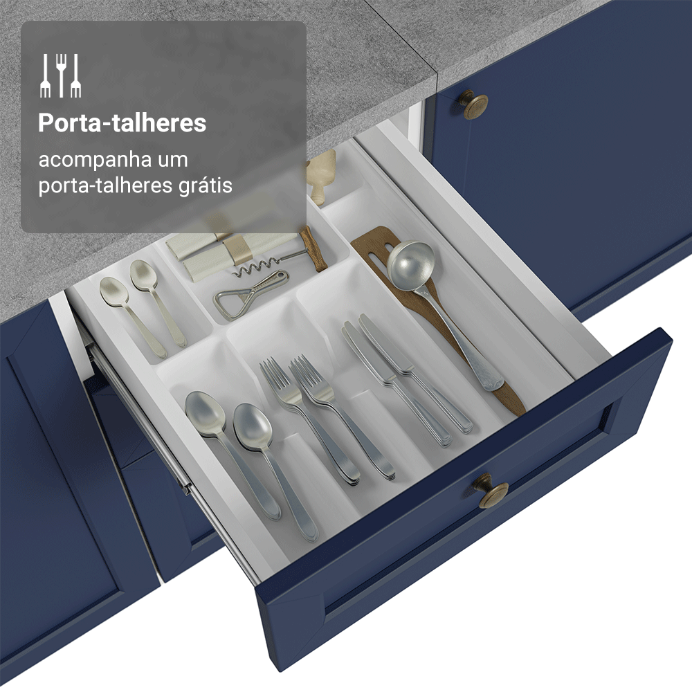 Balcão de Cozinha 40 x 60 cm 3 Gavetas (Com Tampo) Branco/Azul Vik Madesa