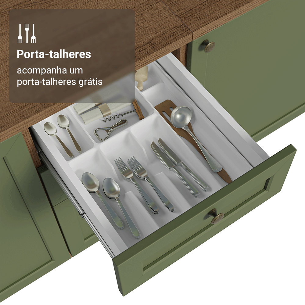 Balcão de Cozinha 40 x 60 cm 3 Gavetas (Com Tampo) Rustic/Verde Vik Madesa