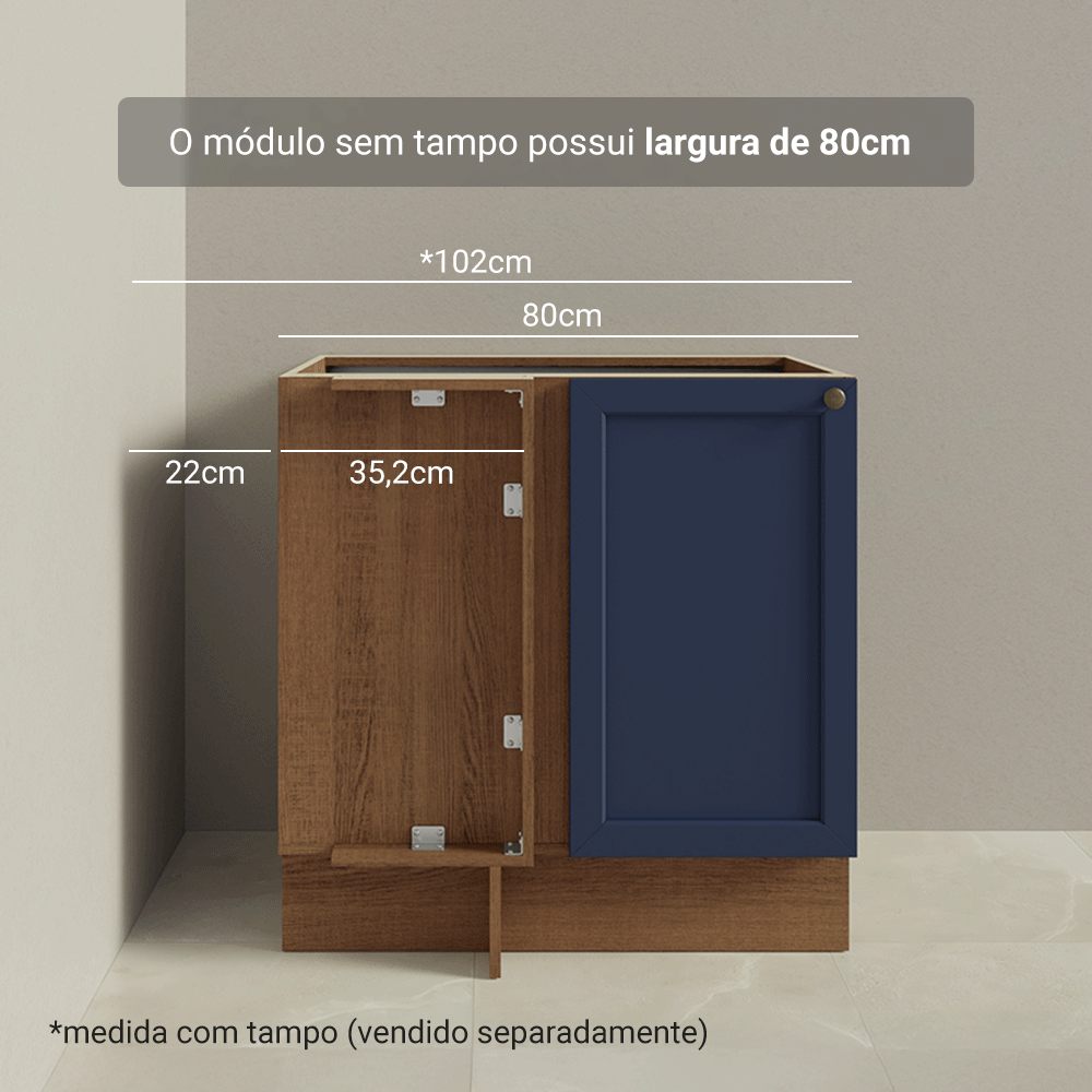 Balcão de Canto para Linha de 60 cm Profundidade (Sem Tampo) Rustic/Azul Vik Madesa