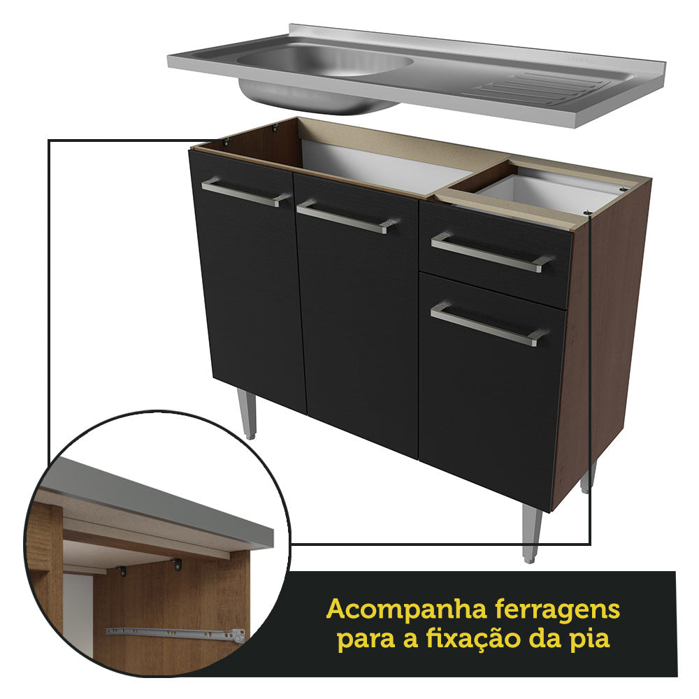 Balcão Gabinete com Pia 3 Portas e 1 Gaveta 105cm Rustic/Preto Emilly Madesa