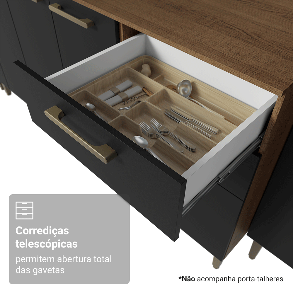 Balcão de Cozinha com Pia 105 cm 3 Portas 2 Gavetas Rustic/Preto Lille Madesa