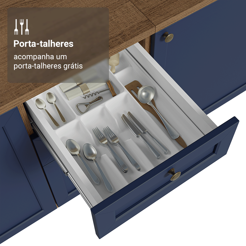 Balcão de Cozinha 40 cm 3 Gavetas Rustic/Azul Vik Madesa