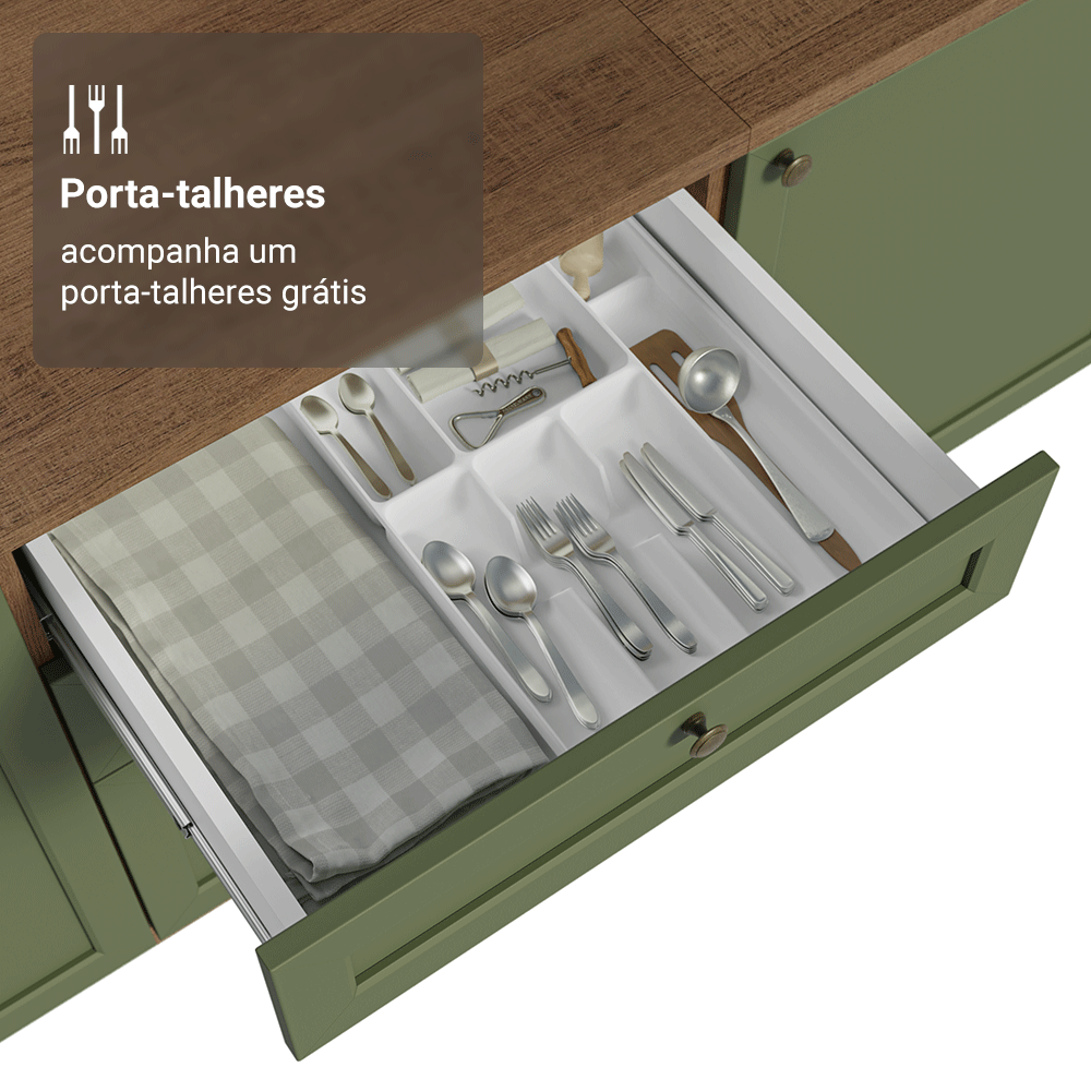 Balcão de Cozinha 60 cm 3 Gavetas Rustic/Verde Vik Madesa