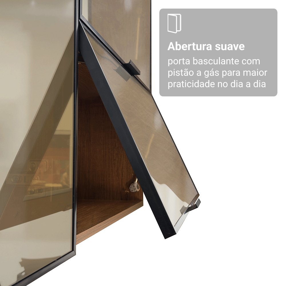 Armário Aéreo de Cozinha 1 Porta Basculante 60 cm Rustic/Preto Vidro Reflecta Bronze Vinil Madesa