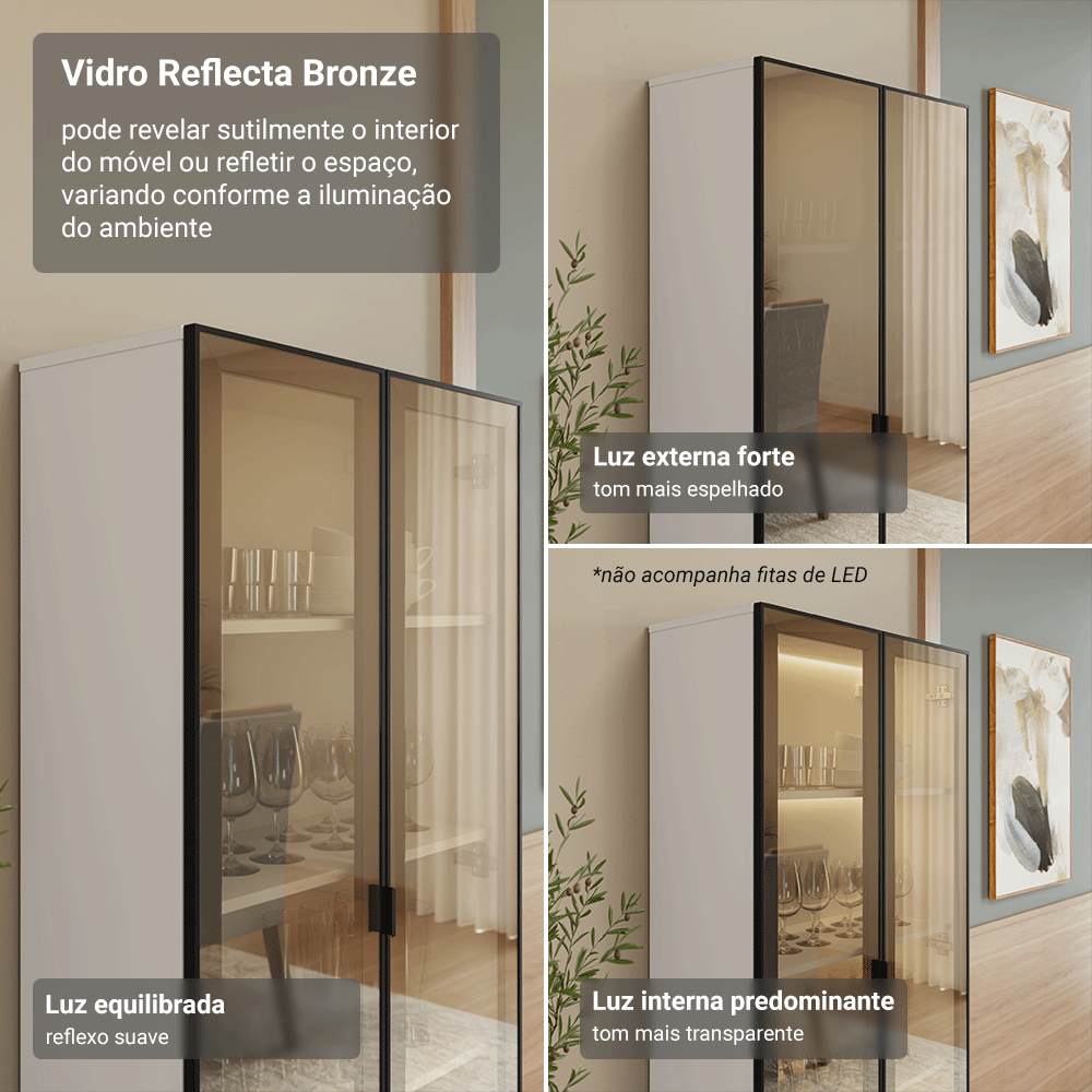 Módulo Cristaleira 70 cm 2 Portas Branco/Preto Vidro Reflecta Bronze Vinil Madesa