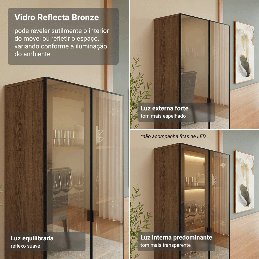 Módulo Cristaleira 70 cm 2 Portas Rustic/Preto Vidro Reflecta Bronze Vinil Madesa