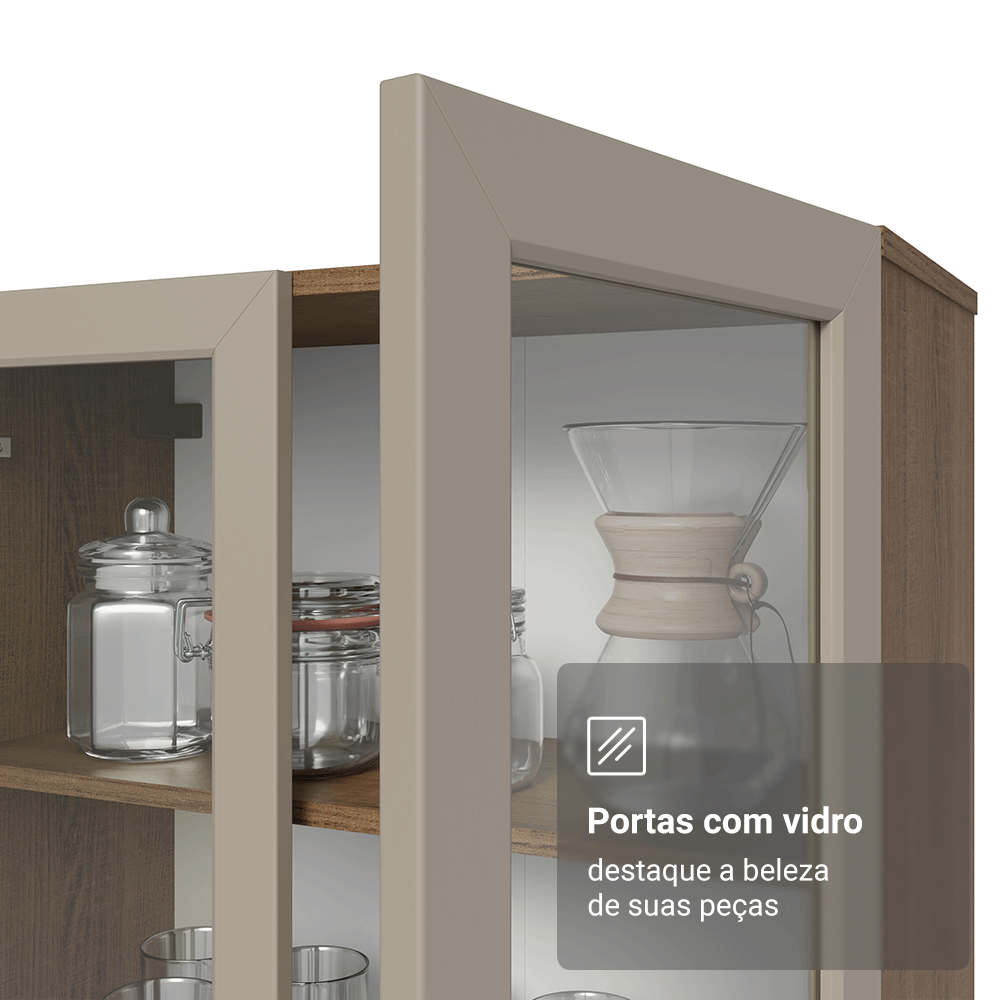 Cristaleira 70 cm 2 Portas de Vidro com Pés Trapézio Rustic/Crema/Rustic Vik Madesa