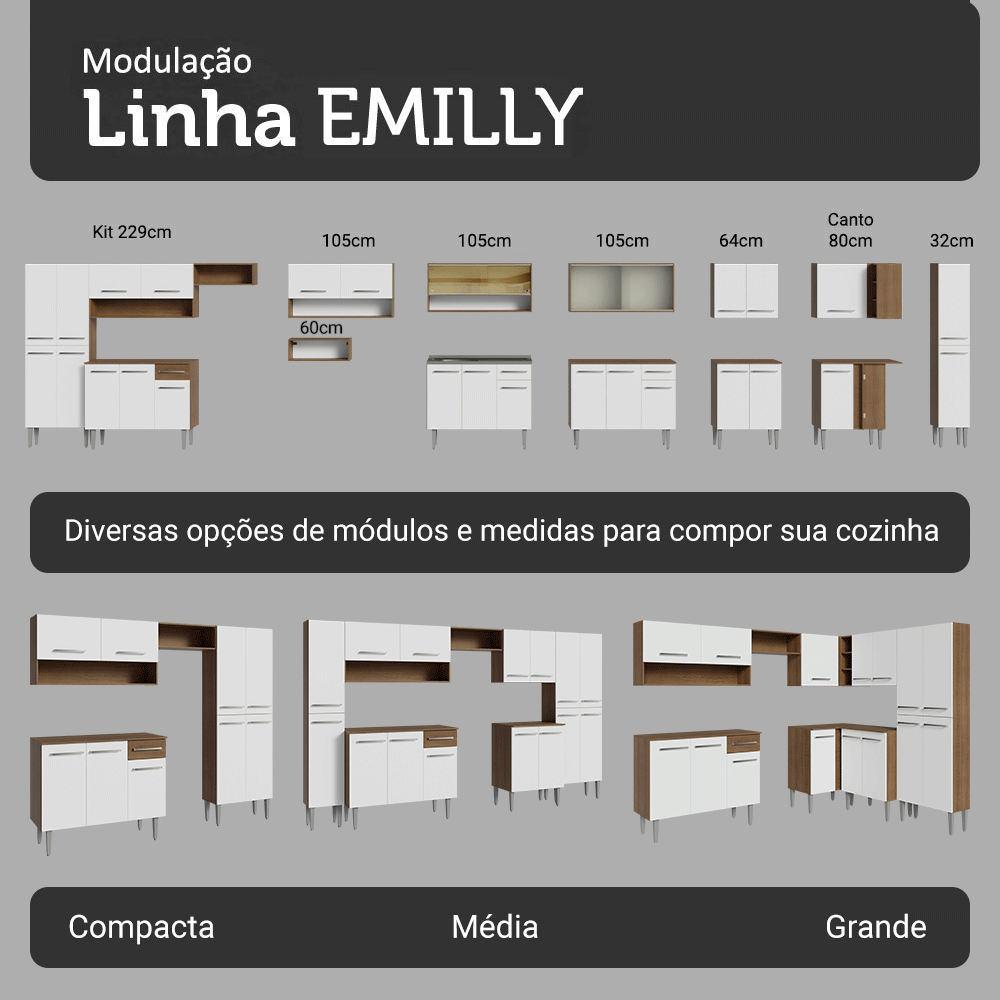 Armário de Cozinha Compacta 229cm com Pia Rustic/Branco Emilly Madesa 12
