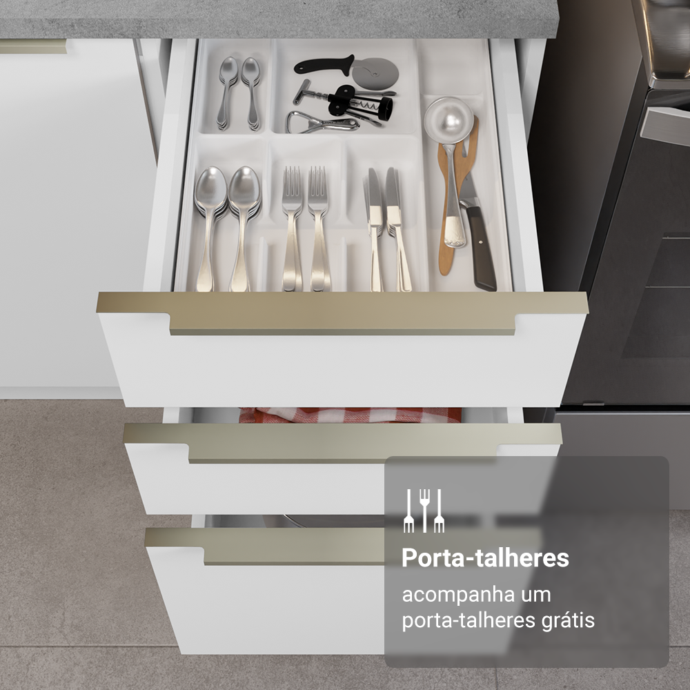 Armário de Cozinha Completa 340 x 60 cm Branco/Branco Veludo Lux Madesa 02