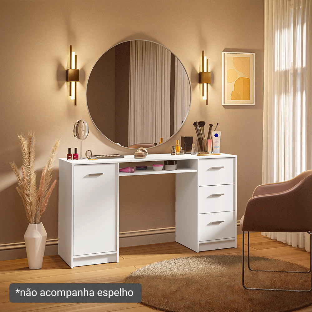 Escrivaninha Penteadeira 136cm 1 Porta 3 Gavetas Branco Madesa