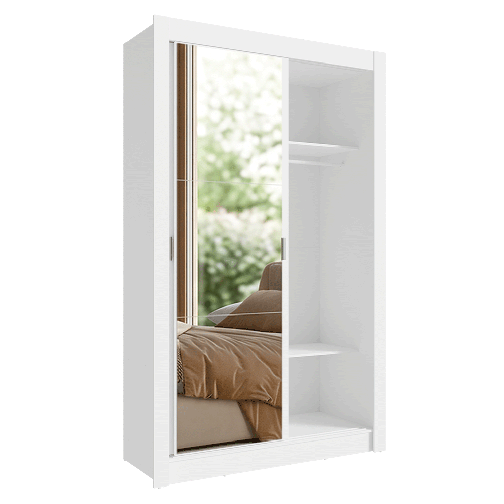 Conjunto Quarto Solteiro com Guarda-Roupa 2 Portas com Espelhos e Cômoda Branco Madesa