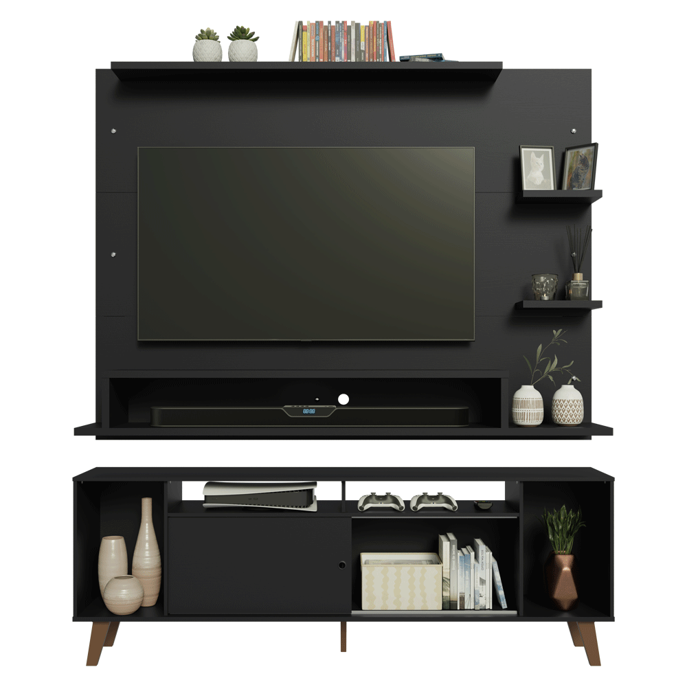 Rack com Painel para TV até 60 Polegadas 180 cm com Pés Preto/Rustic Cancun Madesa