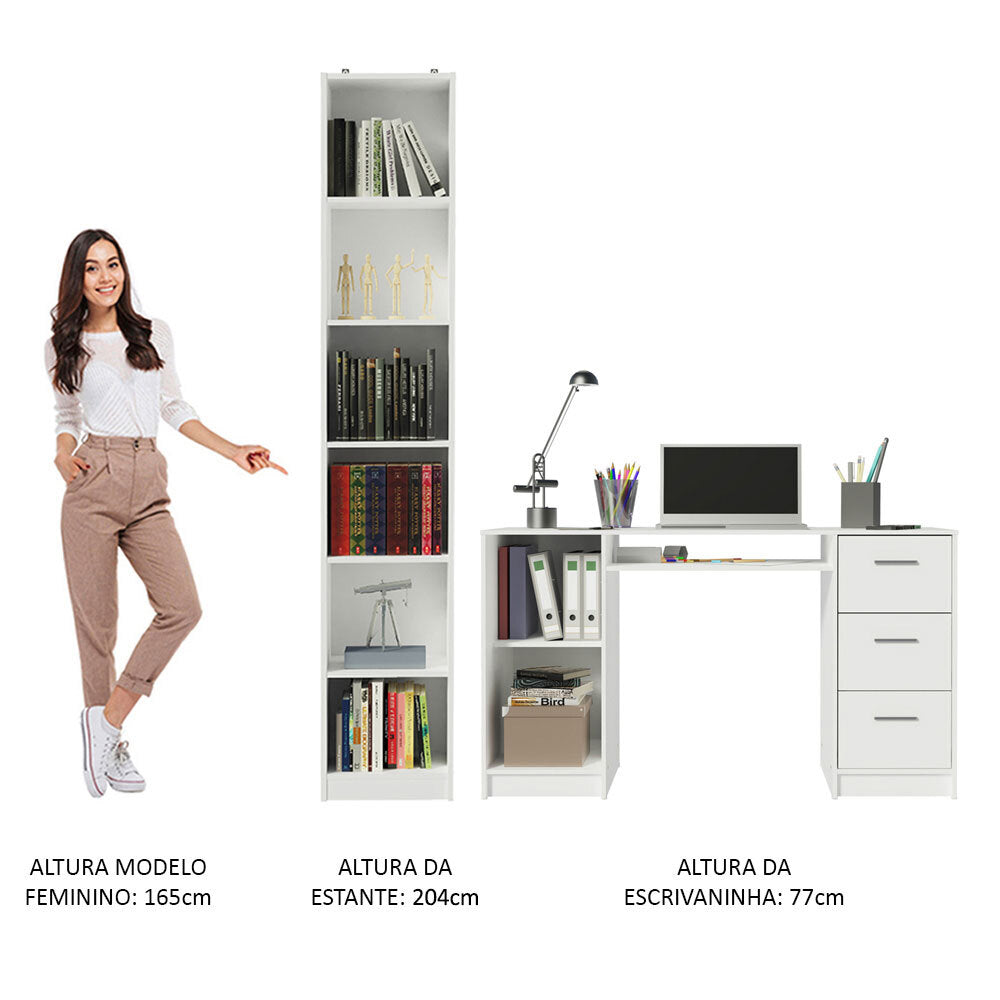 Escrivaninha Madesa Alaska + Estante Livreiro 6906 Branco