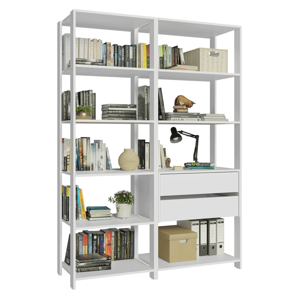 Estante Armário Multiuso para Escritório 129cm 9 Prateleiras 2 Gavetas Branco Madesa