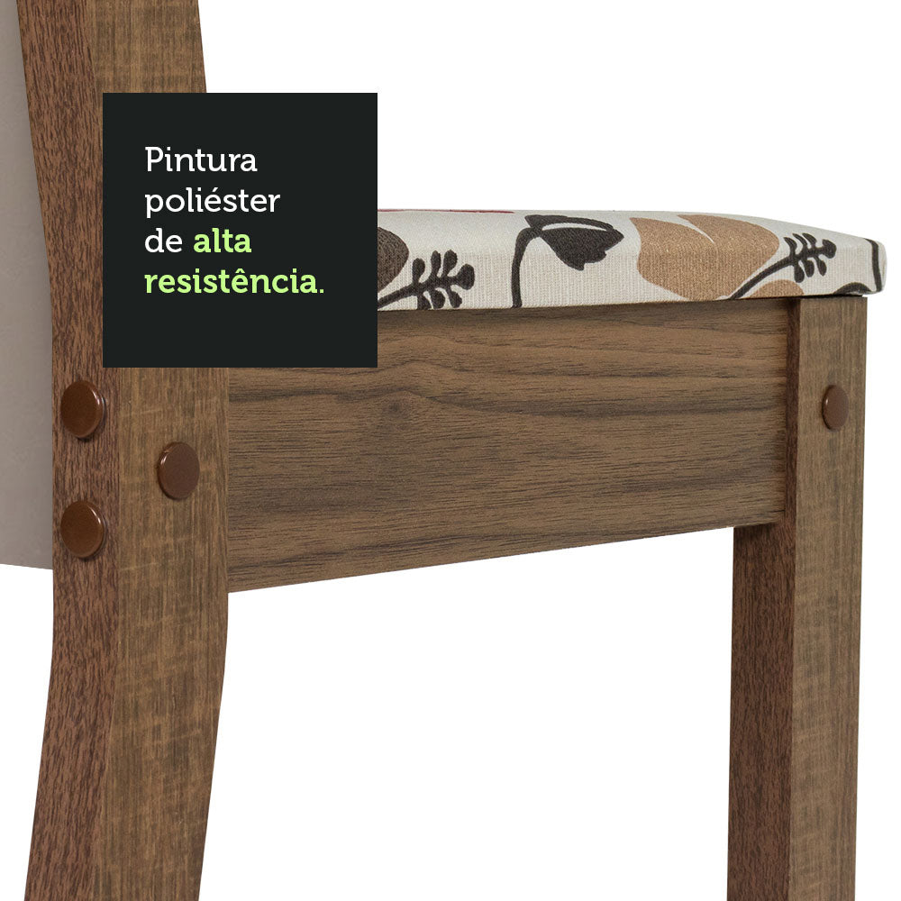 Conjunto Sala de Jantar Mesa Tampo de Madeira 4 Cadeiras Rustic/Crema/Hibiscos Alana Madesa