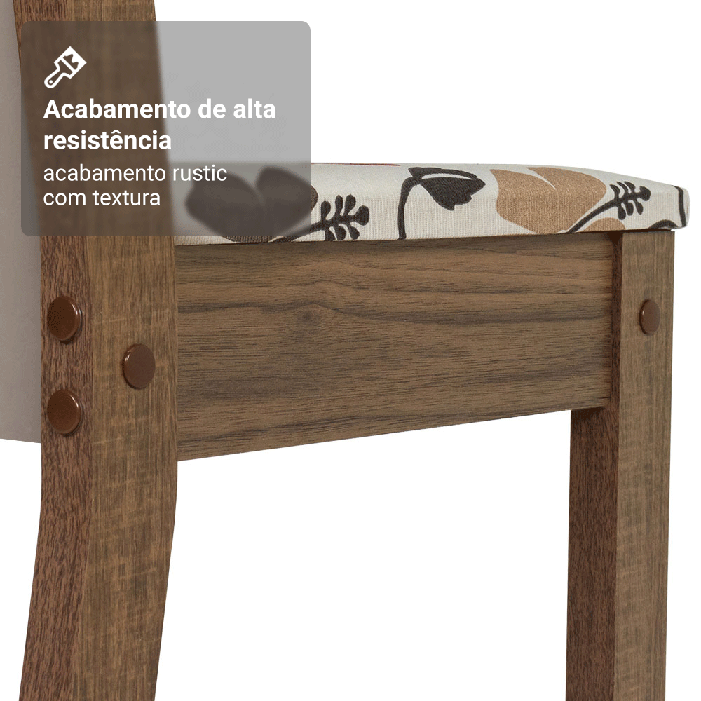 Conjunto Sala de Jantar Mesa Tampo de Vidro 4 Cadeiras Rustic/Crema/Hibiscos Tifani Madesa
