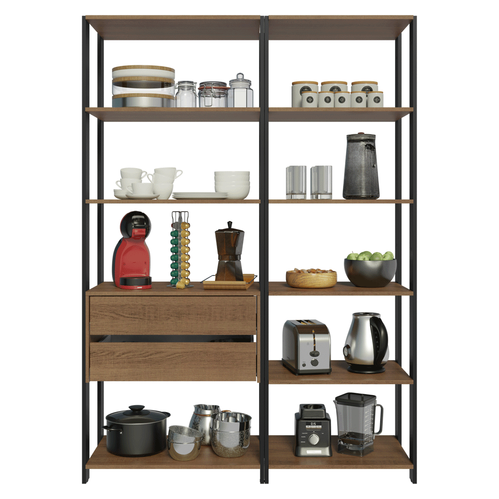 Armário Estante Multiuso Organizador 2 Gavetas 9 Prateleiras 129cm Rustic/Preto Madesa