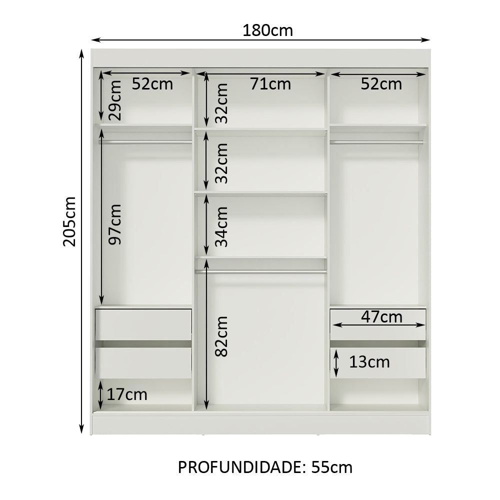 Guarda-Roupa Casal Madesa Napoli 3 Portas de Correr Central com Espelho Branco