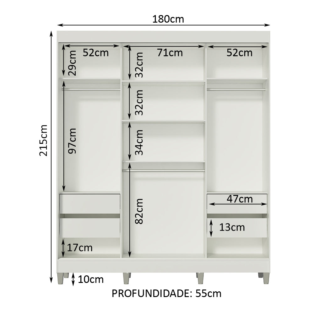 Guarda-Roupa Casal Madesa Napoli 3 Portas de Correr Central com Espelho com Pés Branco