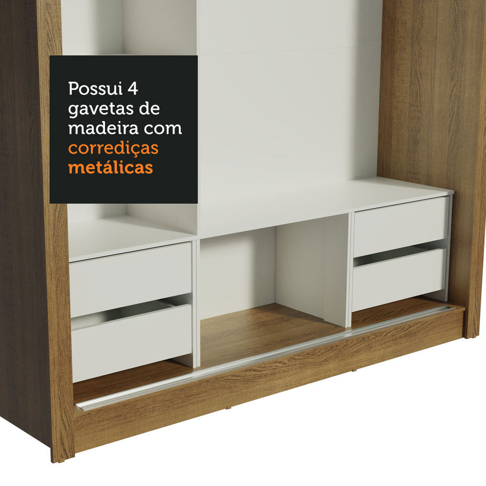 Guarda-Roupa Casal Madesa Lyon Plus 3 Portas de Correr de Espelho 4 Gavetas Rustic