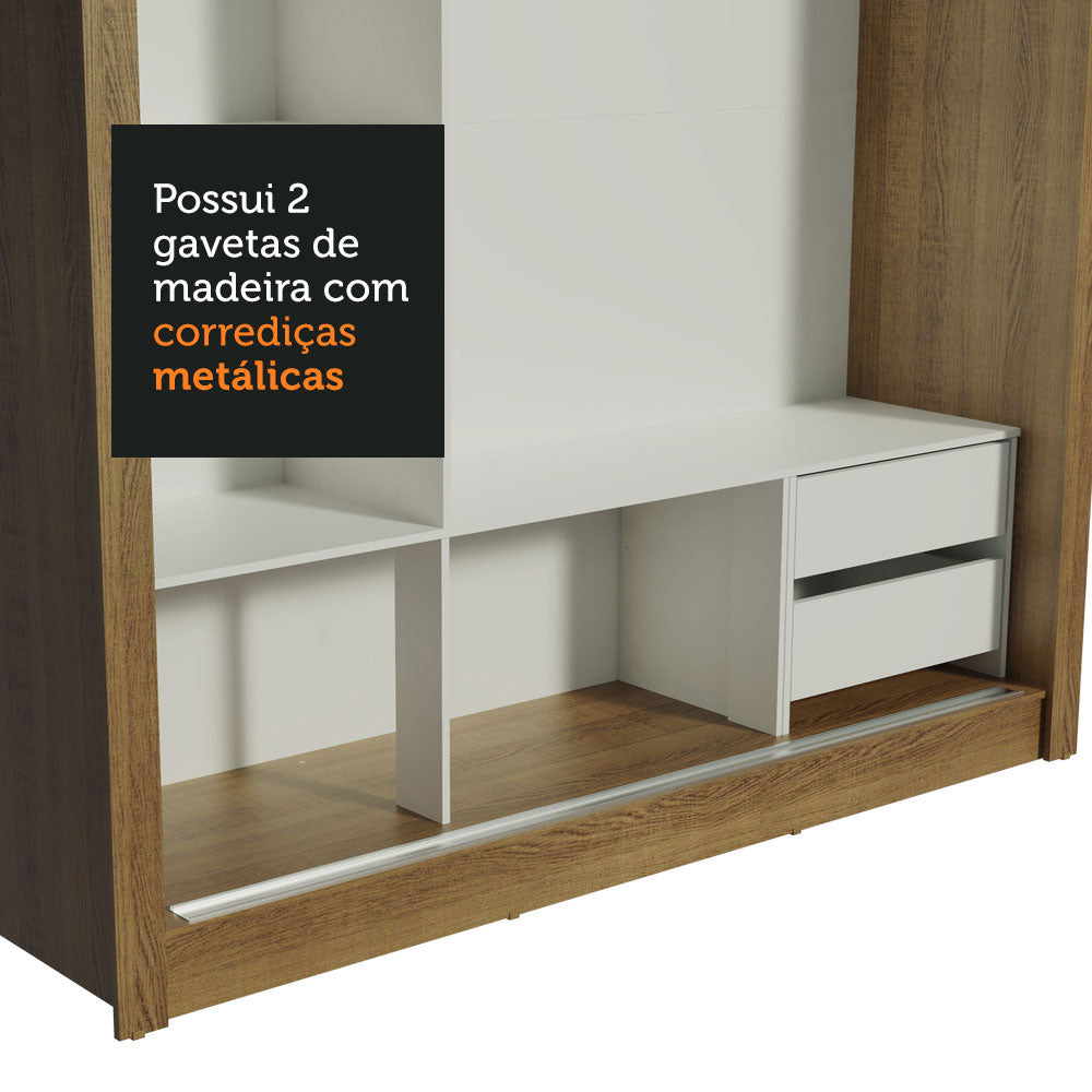 Guarda-Roupa Casal Madesa Lyon 3 Portas de Correr com Espelho 2 Gavetas Rustic/Branco