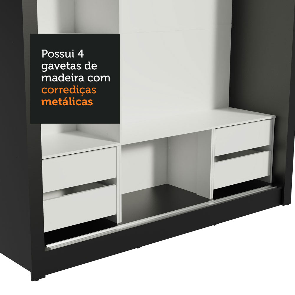 Guarda-Roupa Casal Madesa Lyon Plus 3 Portas de Correr de Espelho 4 Gavetas Preto