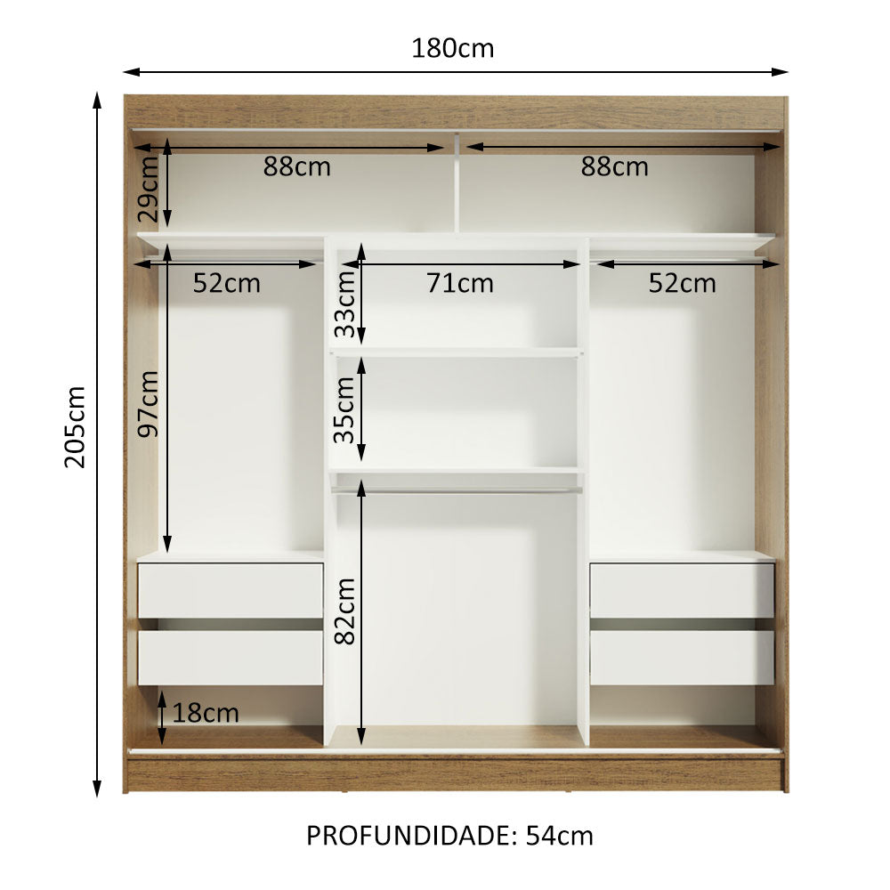 Guarda-Roupa Casal Madesa Reno 3 Portas de Correr com Espelhos Rustic/Branco