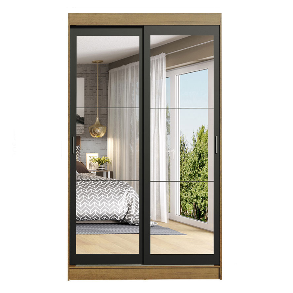 Guarda-Roupa Solteiro Madesa Tokio 2 Portas de Correr de Espelho 2 Gavetas Rustic/Preto