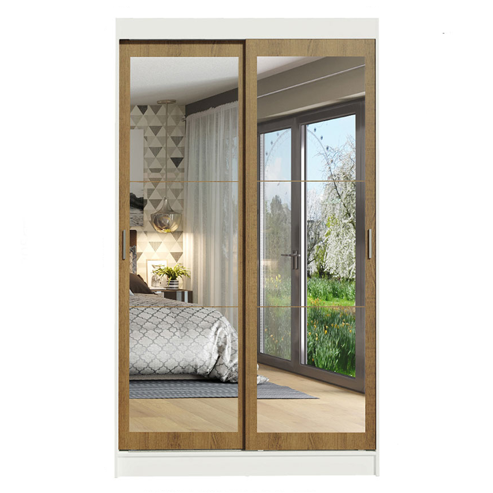 Guarda-Roupa Solteiro Madesa Tokio 2 Portas de Correr de Espelho 2 Gavetas Branco/Rustic