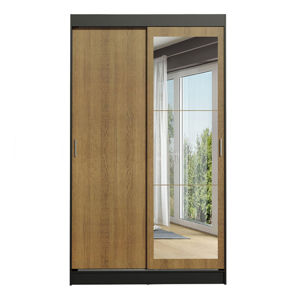 Guarda-Roupa Solteiro Madesa Tokio 2 Portas de Correr com Espelho 2 Gavetas Preto/Rustic