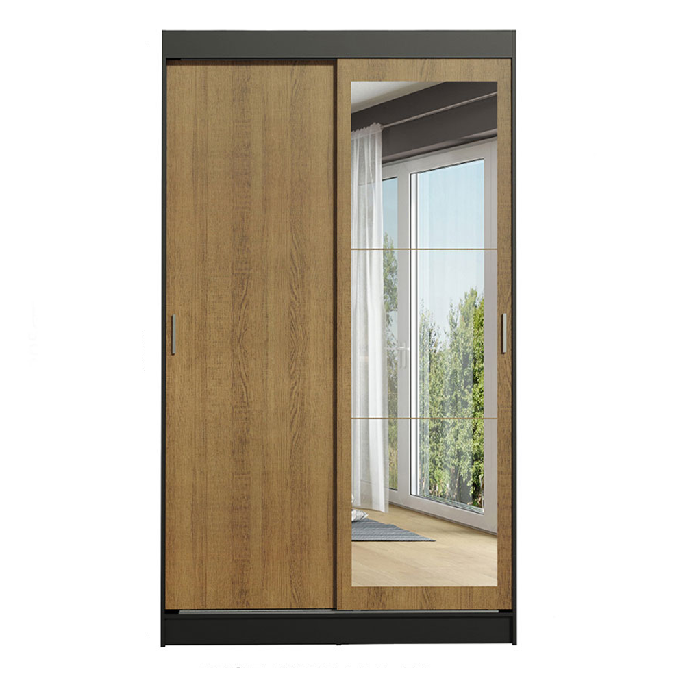 Guarda-Roupa Solteiro Madesa Tokio 2 Portas de Correr de Espelho 2 Gavetas Preto/Rustic