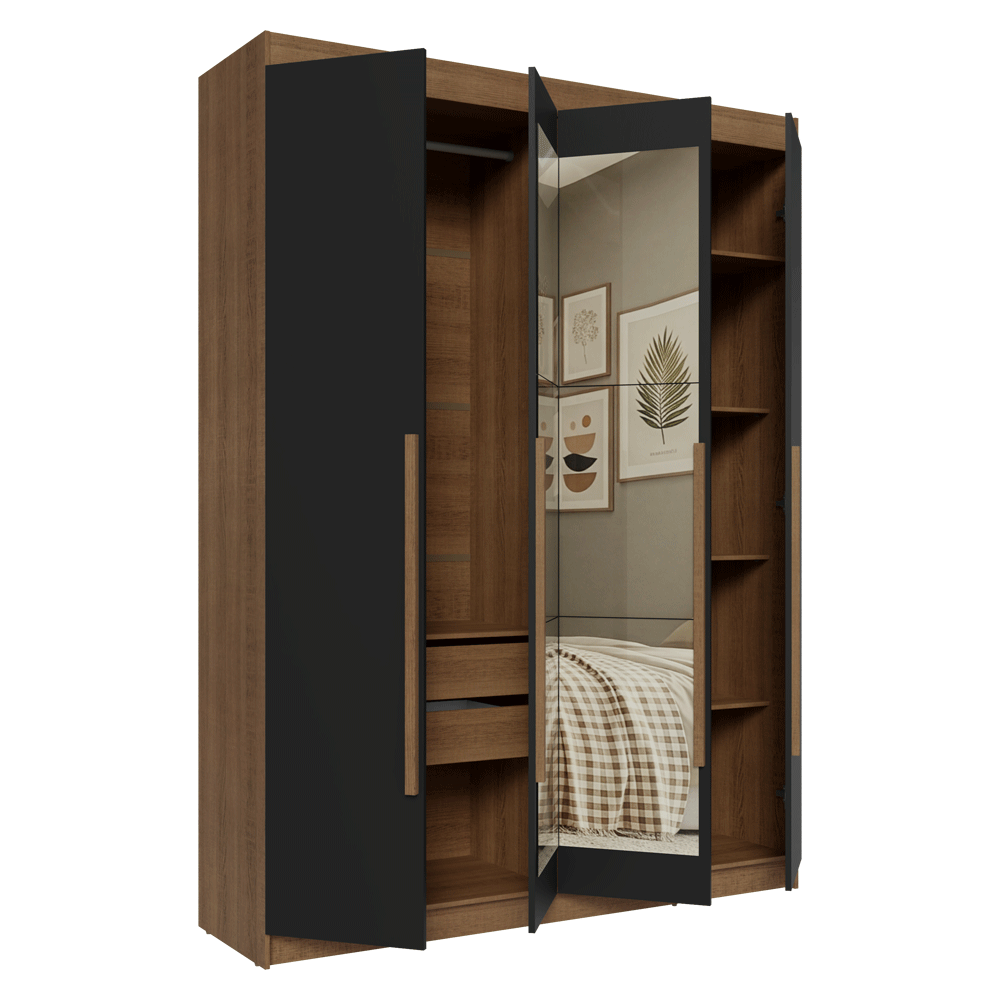 Guarda-Roupa Solteiro 4 Portas Batentes com Espelho Rustic/Preto/Rustic Venus Madesa