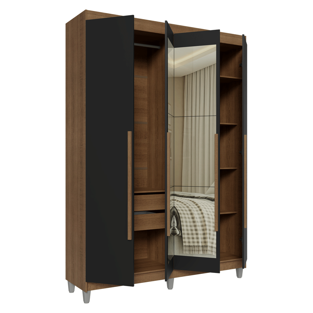Guarda-Roupa Solteiro com Pés 4 Portas Batentes com Espelho Rustic/Preto/Rustic Venus Madesa