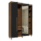 Guarda-Roupa Solteiro com Pés 4 Portas Batentes com Espelho Rustic/Preto/Rustic Venus Madesa