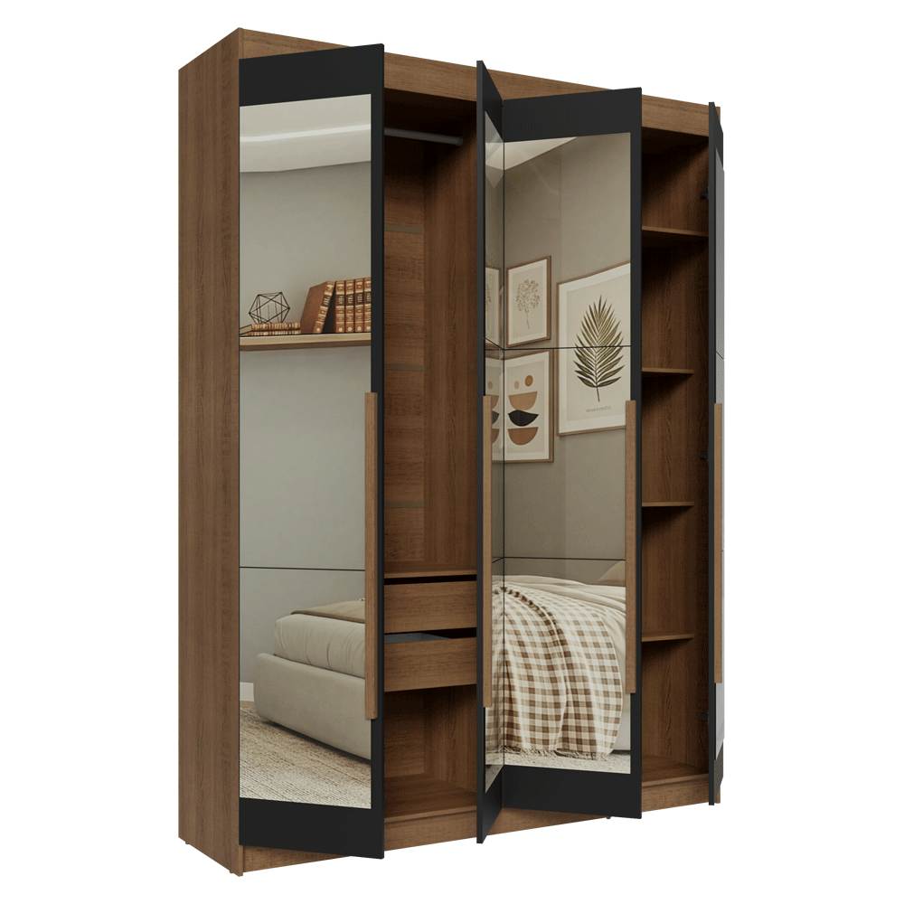Guarda-Roupa Solteiro 4 Portas Batentes com Espelhos Rustic/Preto/Rustic Venus Madesa
