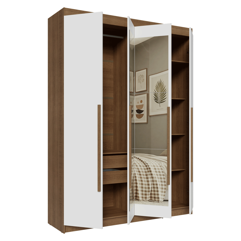 Guarda-Roupa Solteiro 4 Portas Batentes com Espelho Rustic/Branco/Rustic Venus Madesa