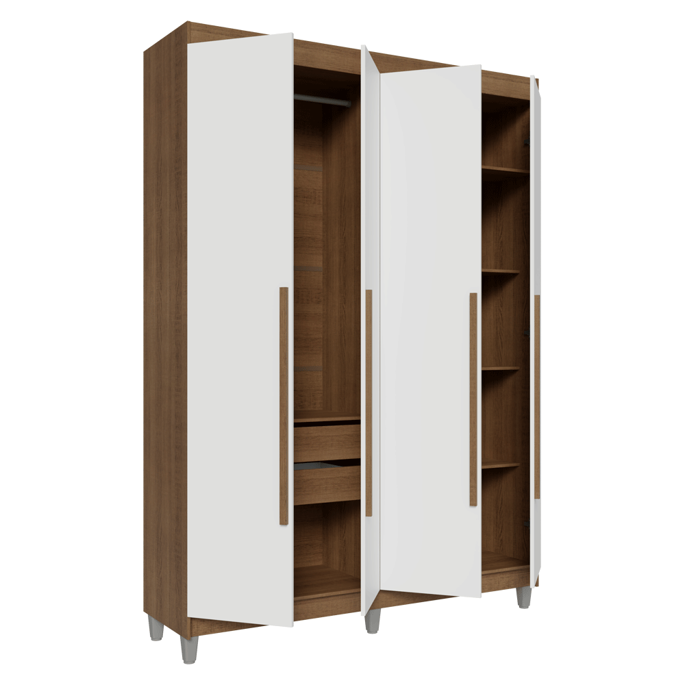 Guarda-Roupa Solteiro com Pés 4 Portas Batentes Rustic/Branco/Rustic Venus Madesa