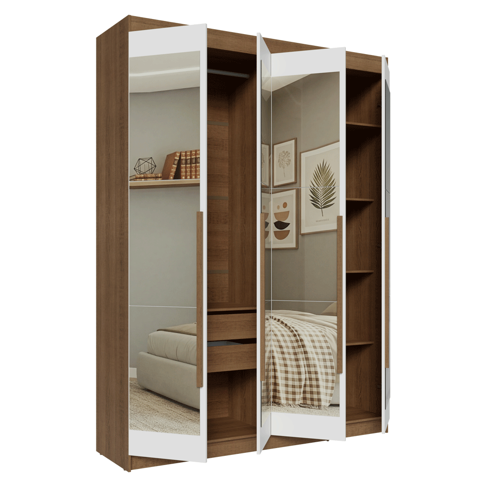 Guarda-Roupa Solteiro 4 Portas Batentes com Espelhos Rustic/Branco/Rustic Venus Madesa